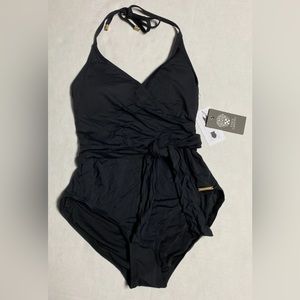 VINCE CAMUTO V Neck Wrap Tie One Piece Swimsuit Size 10 Black V44585 MSRP $118